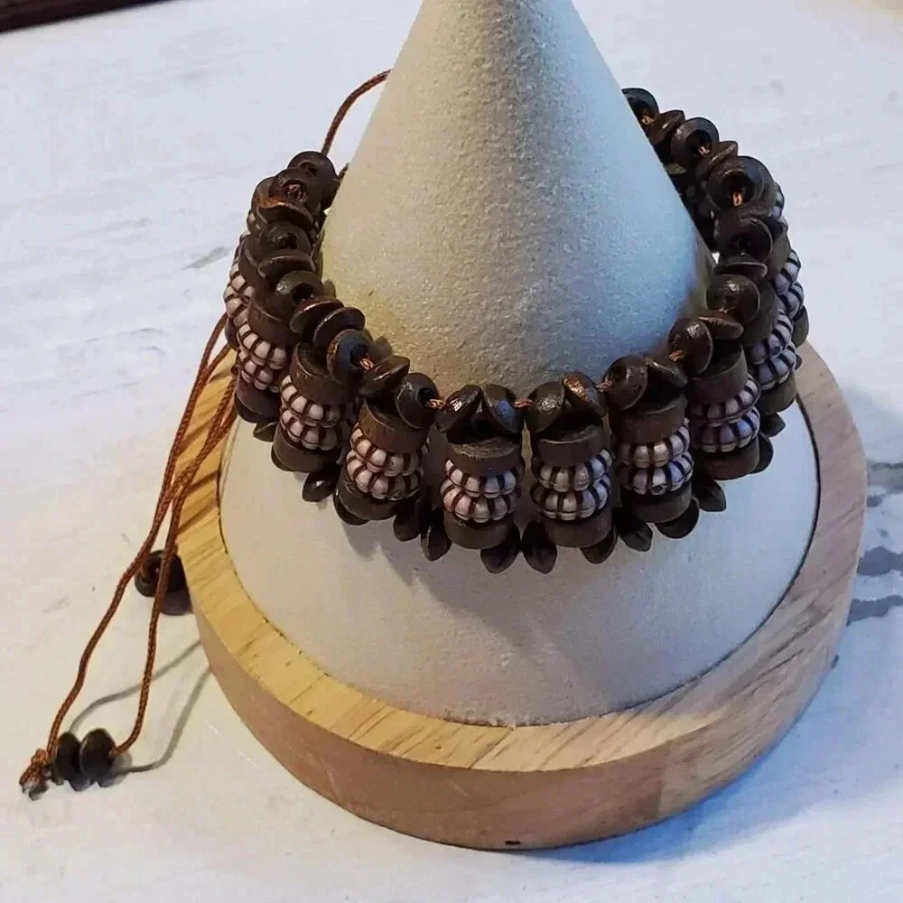 90s Y2K Vintage Brown Wood Acrylic Rondelle Beads OSFA Adjustable Bracelet